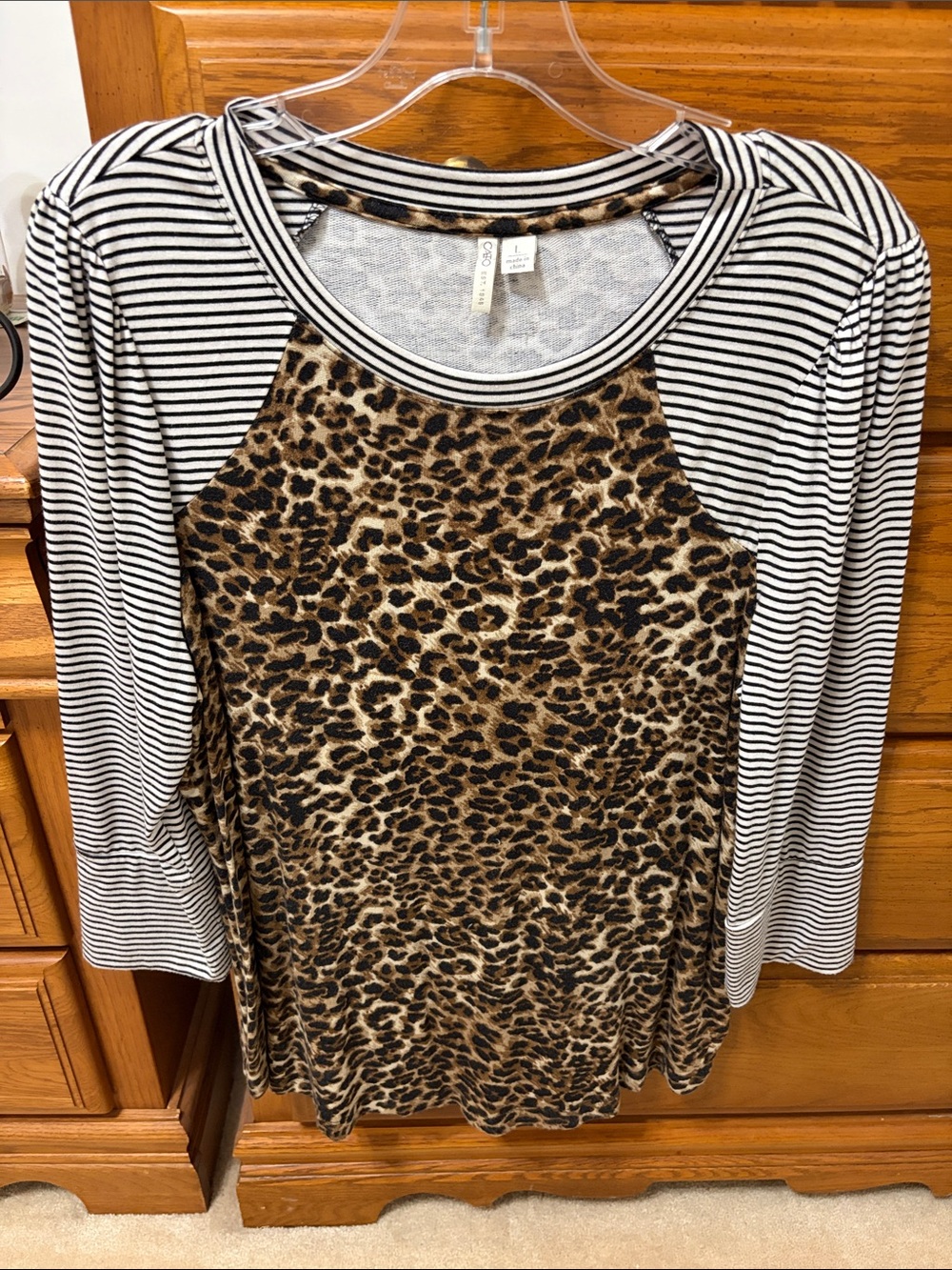 Cato Leopard Print Raglan Top with Black & White Stripes